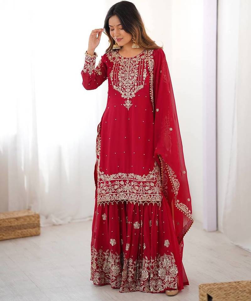 Red colour premium faux georgette embroidered sharara suit set