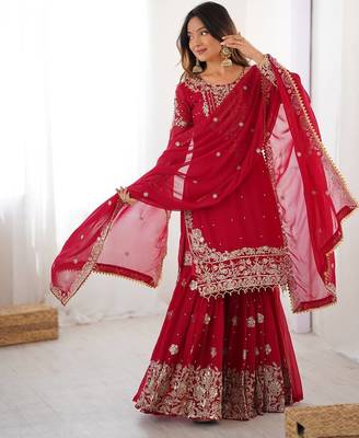 Red  faux georgette embroidered sharara suit set 2