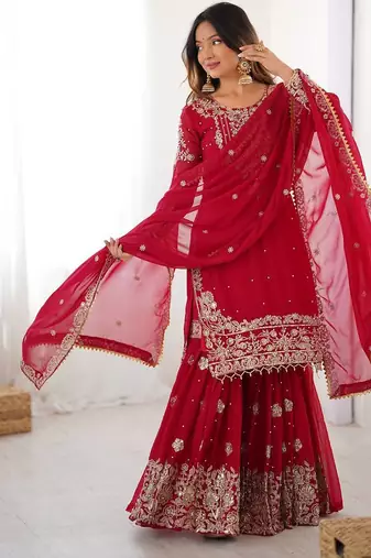 Red premium faux georgette embroidered sharara suit set