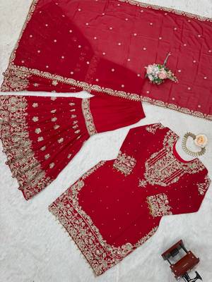 Red  faux georgette embroidered sharara suit set 3