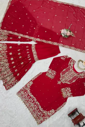 Red premium faux georgette embroidered sharara suit set