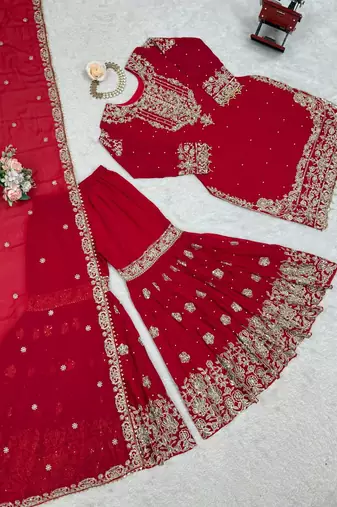 Red premium faux georgette embroidered sharara suit set