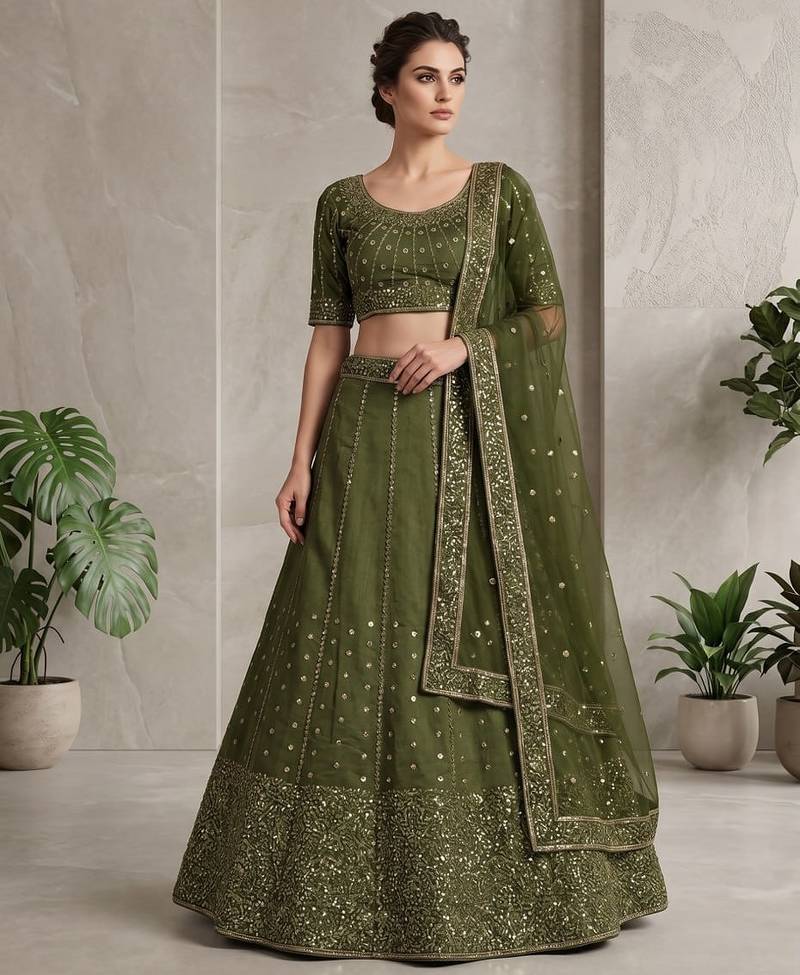 Green sequin wedding Lehenga choli with dupatta