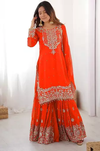 Orange premium faux georgette embroidered sharara suit set