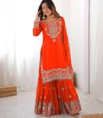 Orange colour premium faux georgette embroidered sharara suit set