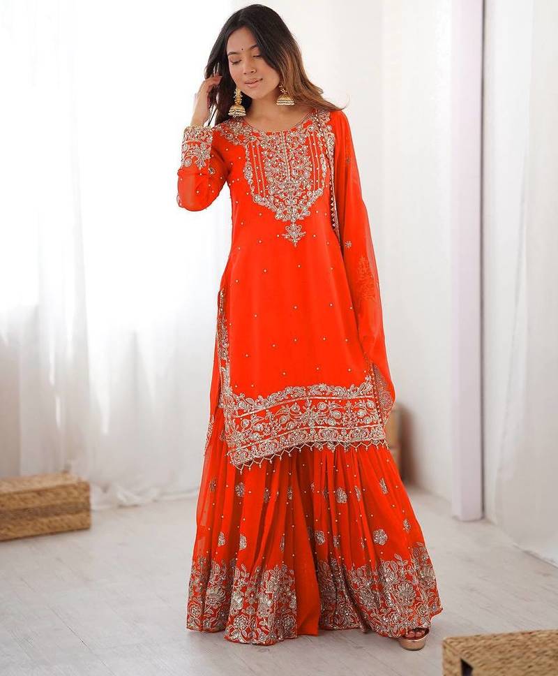 Orange colour premium faux georgette embroidered sharara suit set