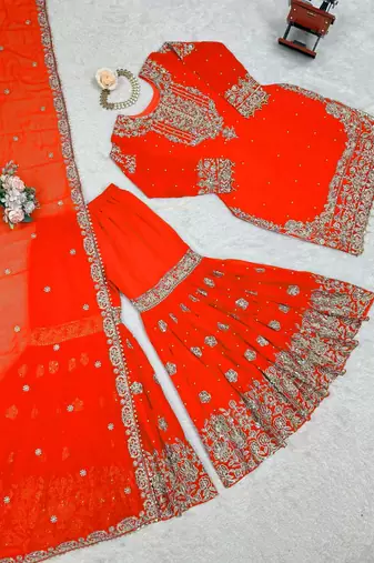 Orange premium faux georgette embroidered sharara suit set