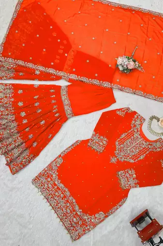 Orange premium faux georgette embroidered sharara suit set