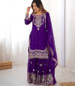 Purple colour premium faux georgette embroidered sharara suit set