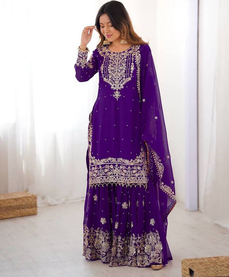 Purple colour premium faux georgette embroidered sharara suit set