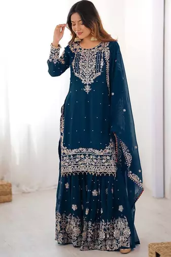 Teal blue premium faux georgette embroidered sharara suit set
