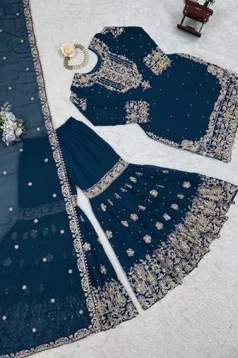 Teal blue premium faux georgette embroidered sharara suit set