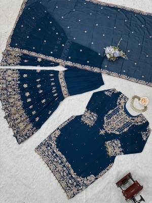 Teal blue  faux georgette embroidered sharara suit set 3