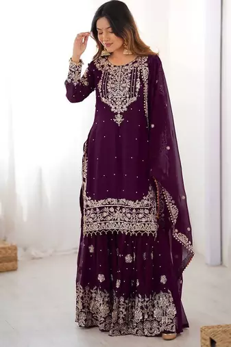 Wine colour premium faux georgette embroidered sharara suit set