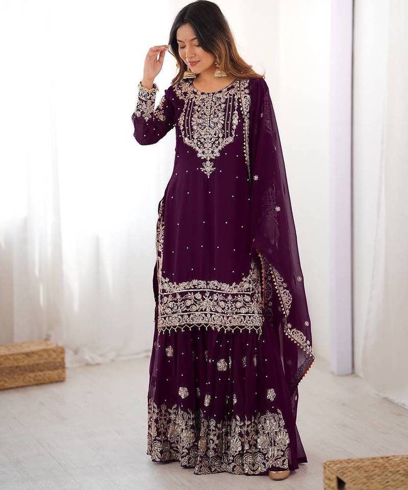 Wine colour premium faux georgette embroidered sharara suit set