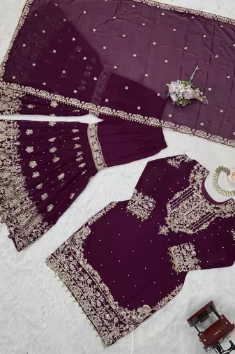 Wine premium faux georgette embroidered sharara suit set