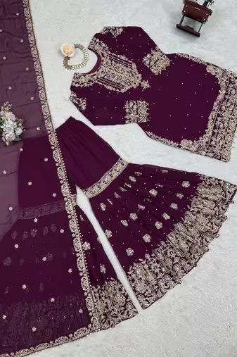 Wine premium faux georgette embroidered sharara suit set