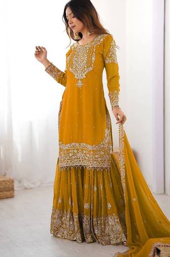 Yellow premium faux georgette embroidered sharara suit set