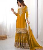 Yellow premium faux georgette embroidered sharara suit set