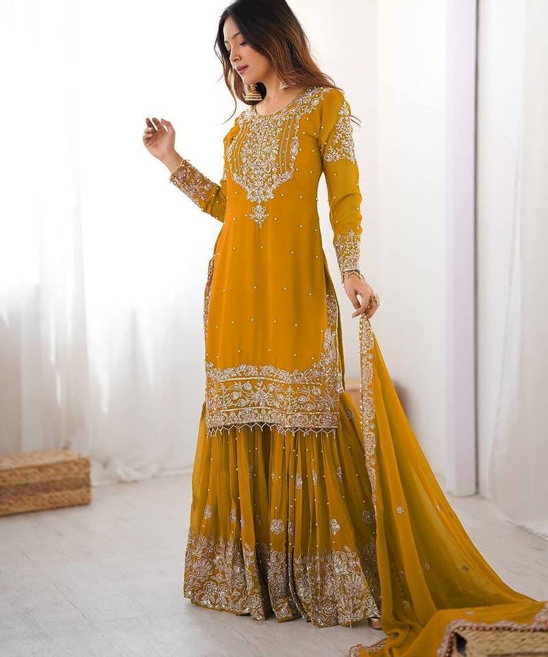 Yellow premium faux georgette embroidered sharara suit set