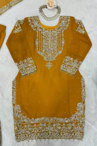 Yellow premium faux georgette embroidered sharara suit set