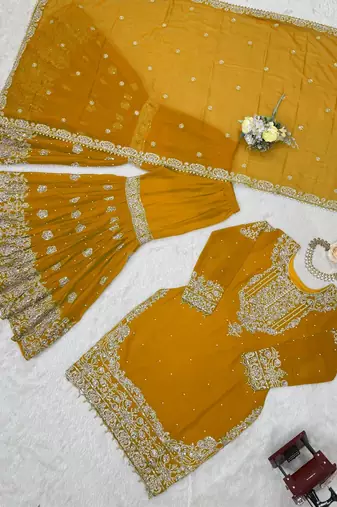 Yellow premium faux georgette embroidered sharara suit set