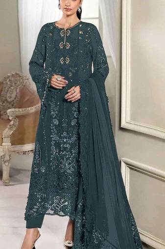 Grey crunchy with embroidery sequin work semi-stitched salwar suit