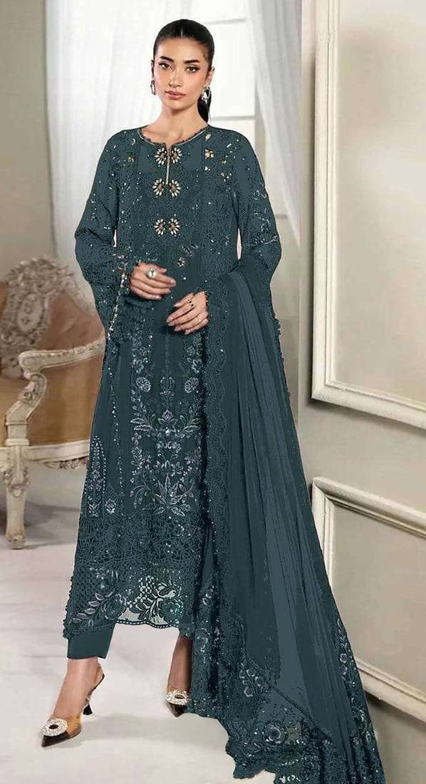 Grey crunchy with embroidery sequin work semi-stitched salwar suit