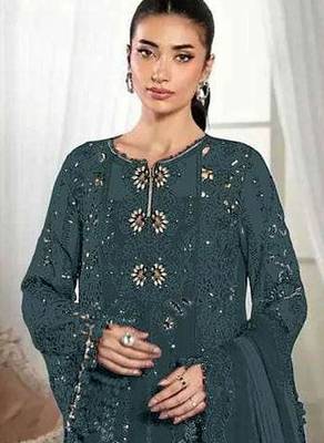 Grey crunchy with embroidery sequin work semi-stitched salwar suit 2