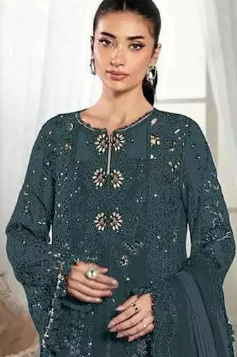 Grey crunchy with embroidery sequin work semi-stitched salwar suit