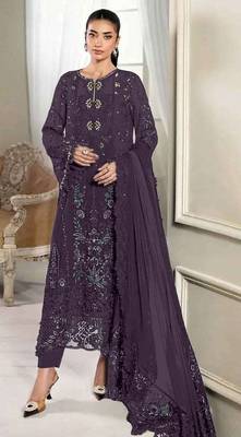 Wine crunchy with embroidery sequin work semi-stitched salwar suit 1