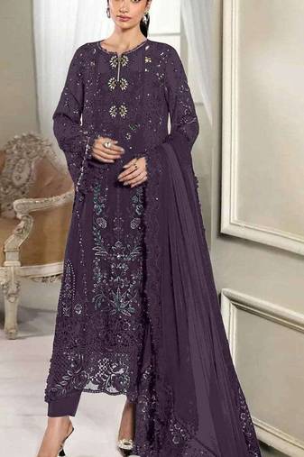 Wine crunchy with embroidery sequin work semi-stitched salwar suit