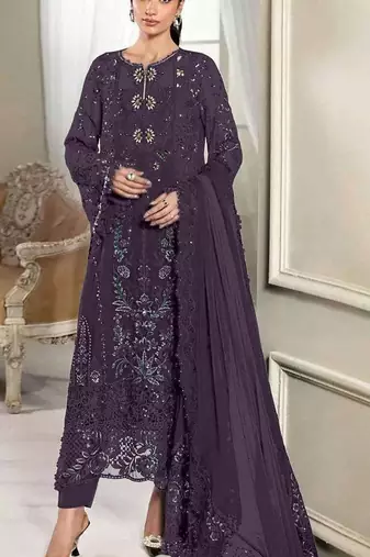 Wine crunchy with embroidery sequin work semi-stitched salwar suit