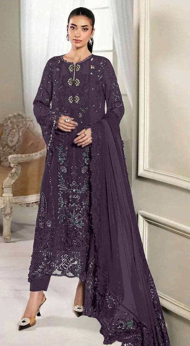 Wine crunchy with embroidery sequin work semi-stitched salwar suit