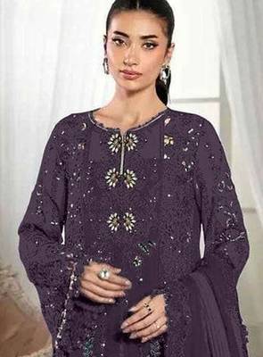 Wine crunchy with embroidery sequin work semi-stitched salwar suit 2