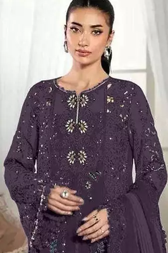 Wine crunchy with embroidery sequin work semi-stitched salwar suit