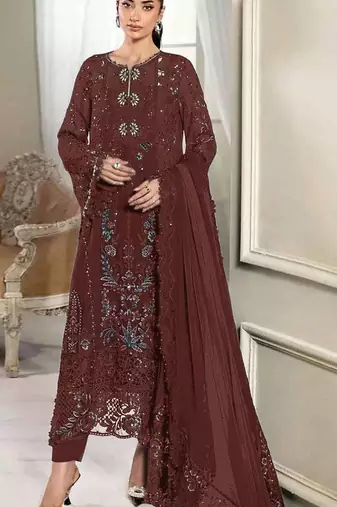 Coffee crunchy with embroidery sequin work semi-stitched salwar suit