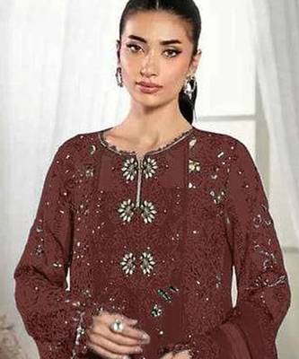 Coffee crunchy with embroidery sequin work semi-stitched salwar suit 2
