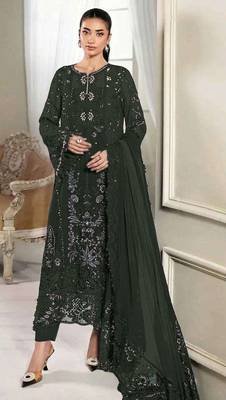 Green crunchy with embroidery sequin work semi-stitched salwar suit 1