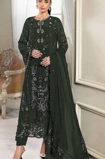 Green crunchy with embroidery sequin work semi-stitched salwar suit