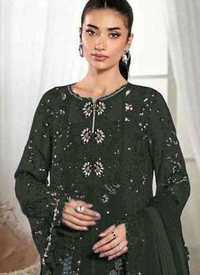 Green crunchy with embroidery sequin work semi-stitched salwar suit 2