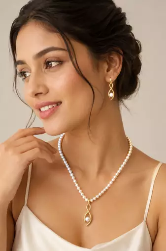 Pearl Necklace and Earring Set, White, Gold-Tone Twisted Pendant, Bridal Jewellery