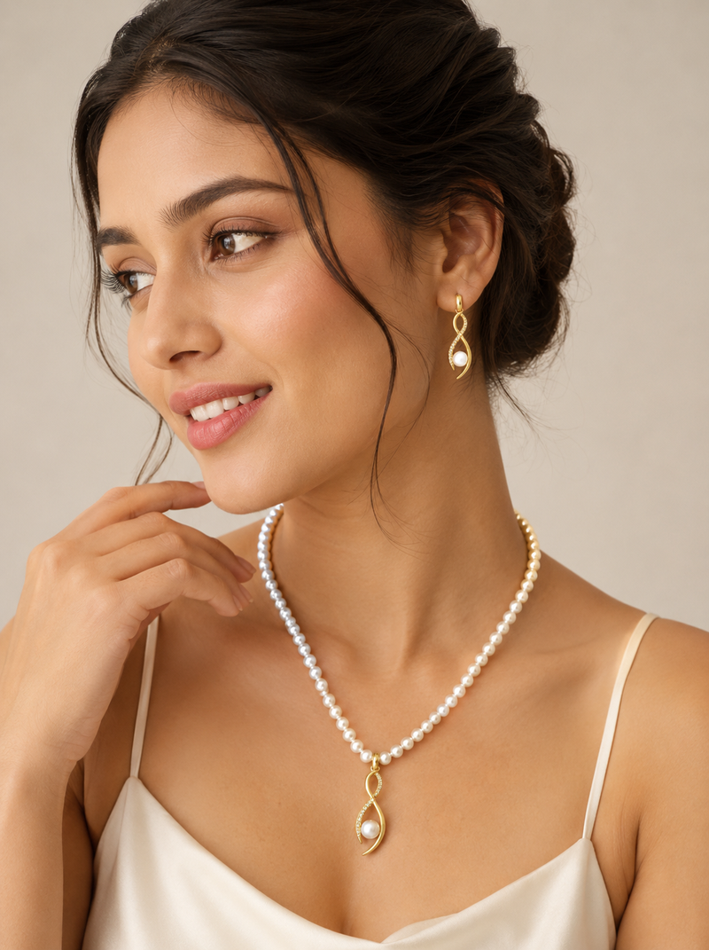 Pearl Necklace and Earring Set, White, Gold-Tone Twisted Pendant, Bridal Jewellery