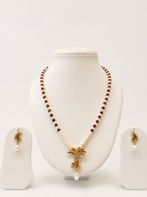 Pearl and Ruby Beaded Necklace Set with Gold-Tone Floral Pendant, Drop Earrings, Traditional Indian Jewellery 1