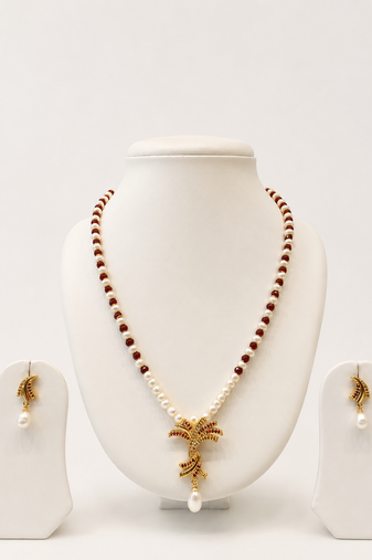 Pearl and Ruby Beaded Necklace Set with Gold-Tone Floral Pendant, Drop Earrings, Traditional Indian Jewellery
