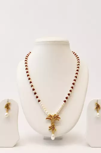 Pearl and Ruby Beaded Necklace Set with Gold-Tone Floral Pendant, Drop Earrings, Traditional Indian Jewellery