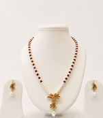 Pearl and Ruby Beaded Necklace Set with Gold-Tone Floral Pendant, Drop Earrings, Traditional Indian Jewellery