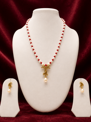Pearl and Red Coral Beaded Necklace Set with Gold-Tone Pendant, Drop Earrings, Traditional Indian Style 1