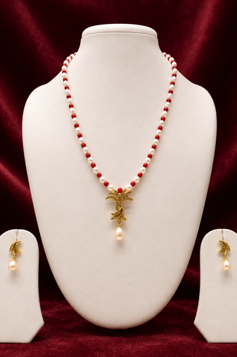 Pearl and Red Coral Beaded Necklace Set with Gold-Tone Pendant, Drop Earrings, Traditional Indian Style