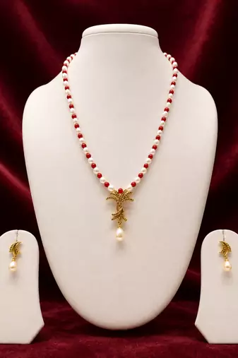 Pearl and Red Coral Beaded Necklace Set with Gold-Tone Pendant, Drop Earrings, Traditional Indian Style